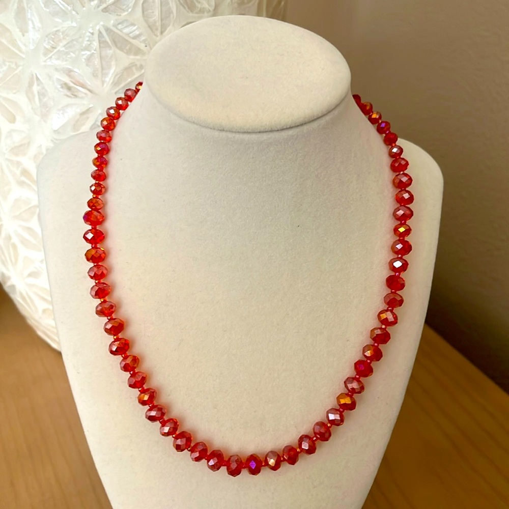 Glass Beveled Beaded Necklace Gorgeous Iridescent Pink/Orange Color